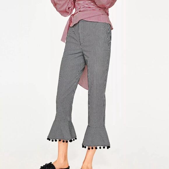 ZARA SS17 GINGHAM TROUSERS POMPOMS BLACK WHITE CHECKED SIZE XS - Picture 1 of 5